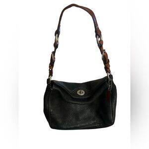 Coach black pebbled leather with brown handle w silver accent shoulder bag